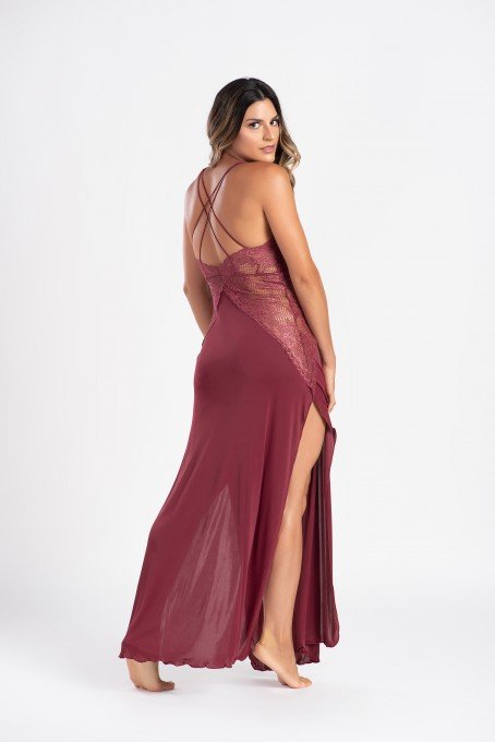 Camisola Longa Em Poliamida Com Renda